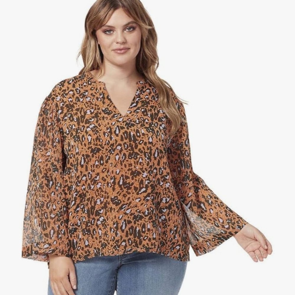 Jessica Simpson Leopard Print Long Sleeve Blouse Gold Size 1X